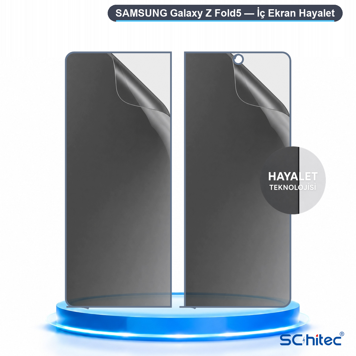 Samsung Galaxy Z Fold5 için iki ekran koruyucu mavi platformda.