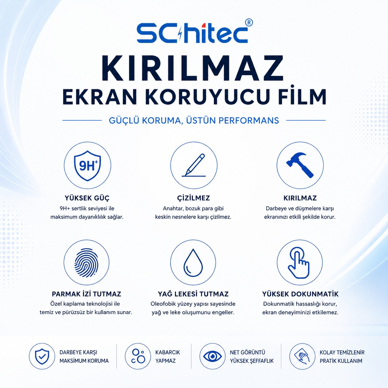 SChitec Ekran Koruyucu: 9H sertlik, çizilmez, kırılmaz, parmak izi tutmaz, yağ lekesi tutmaz.