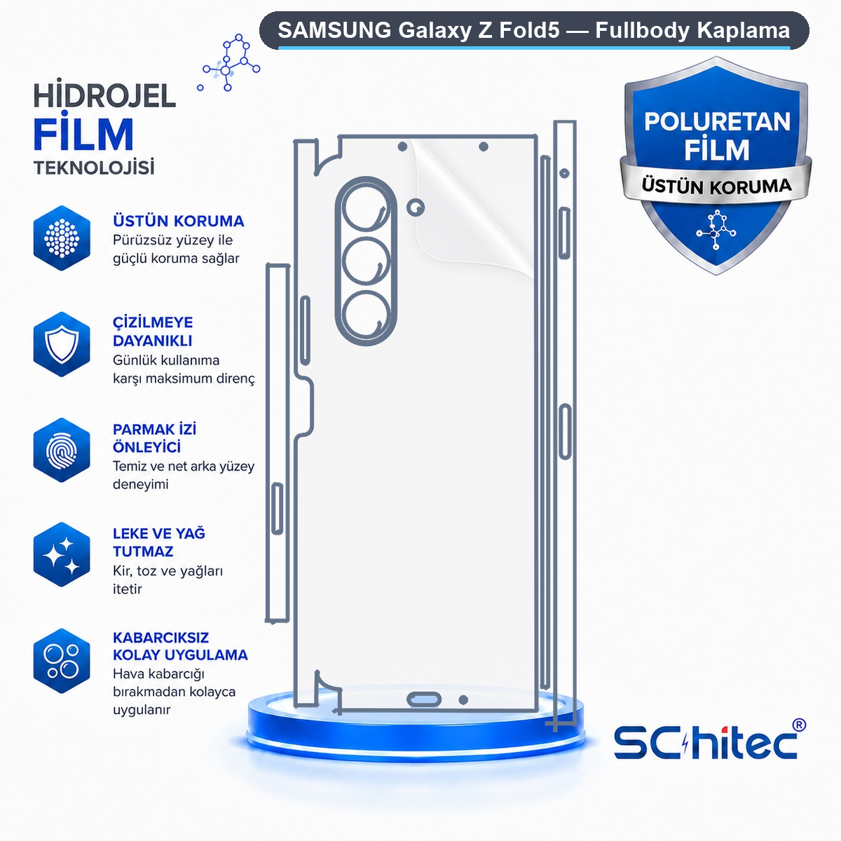 Samsung Galaxy Z Fold5'in koruyucu film ve özelliklerini gösteren çizim.