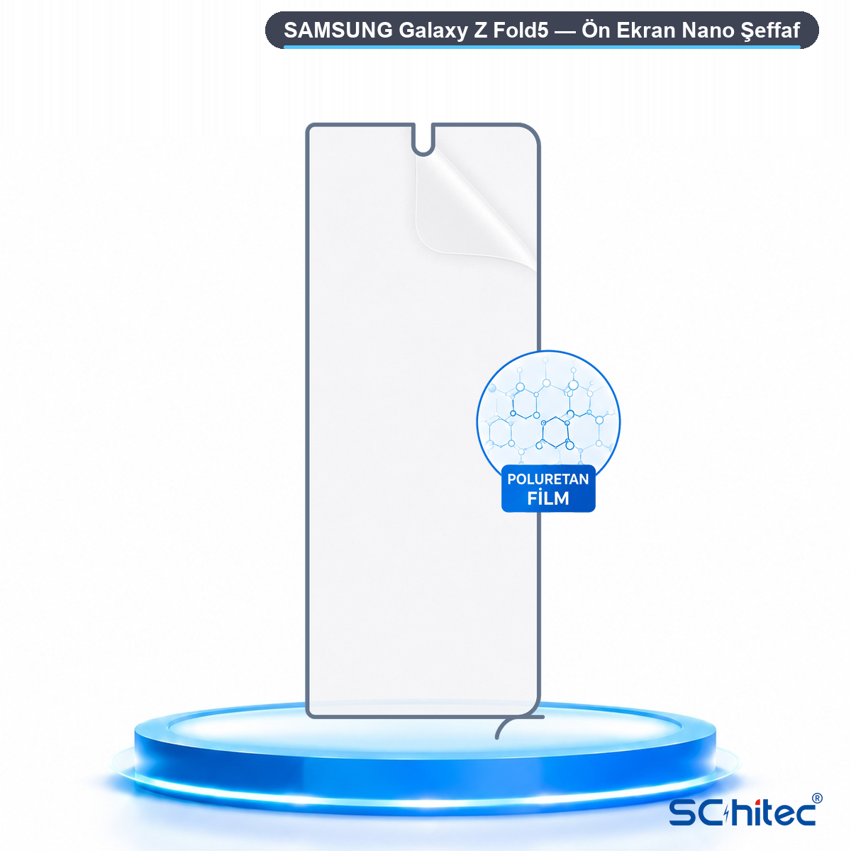 Samsung Galaxy Z Fold5 için ekran koruyucu mavi podyumda.