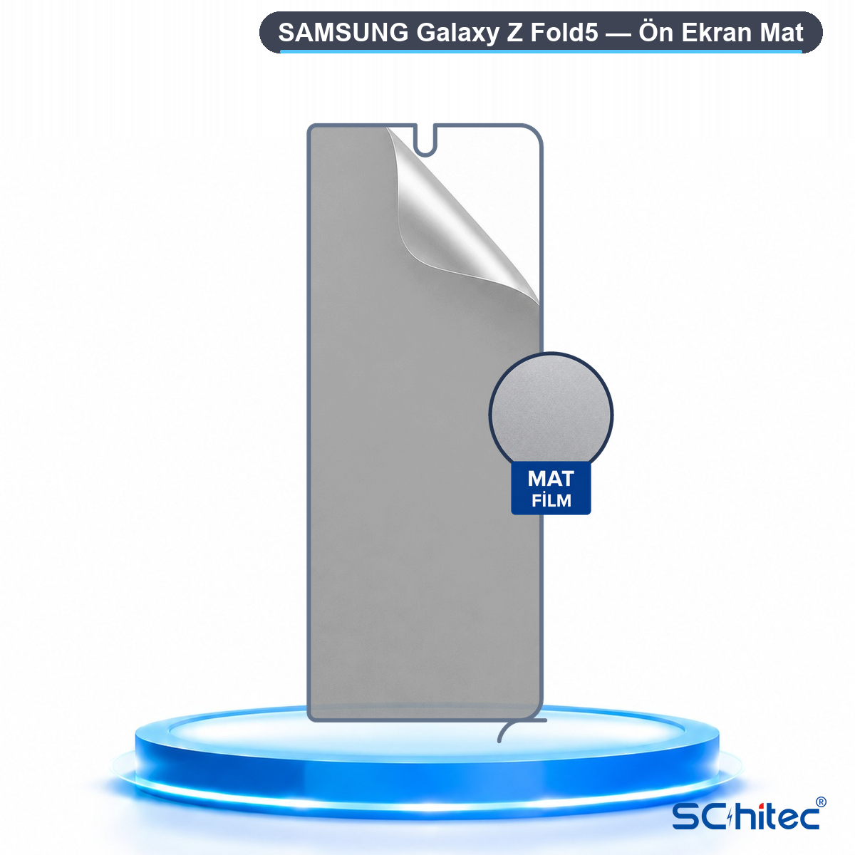 Samsung Galaxy Z Fold5 için mat ekran koruyucu mavi podyumda.