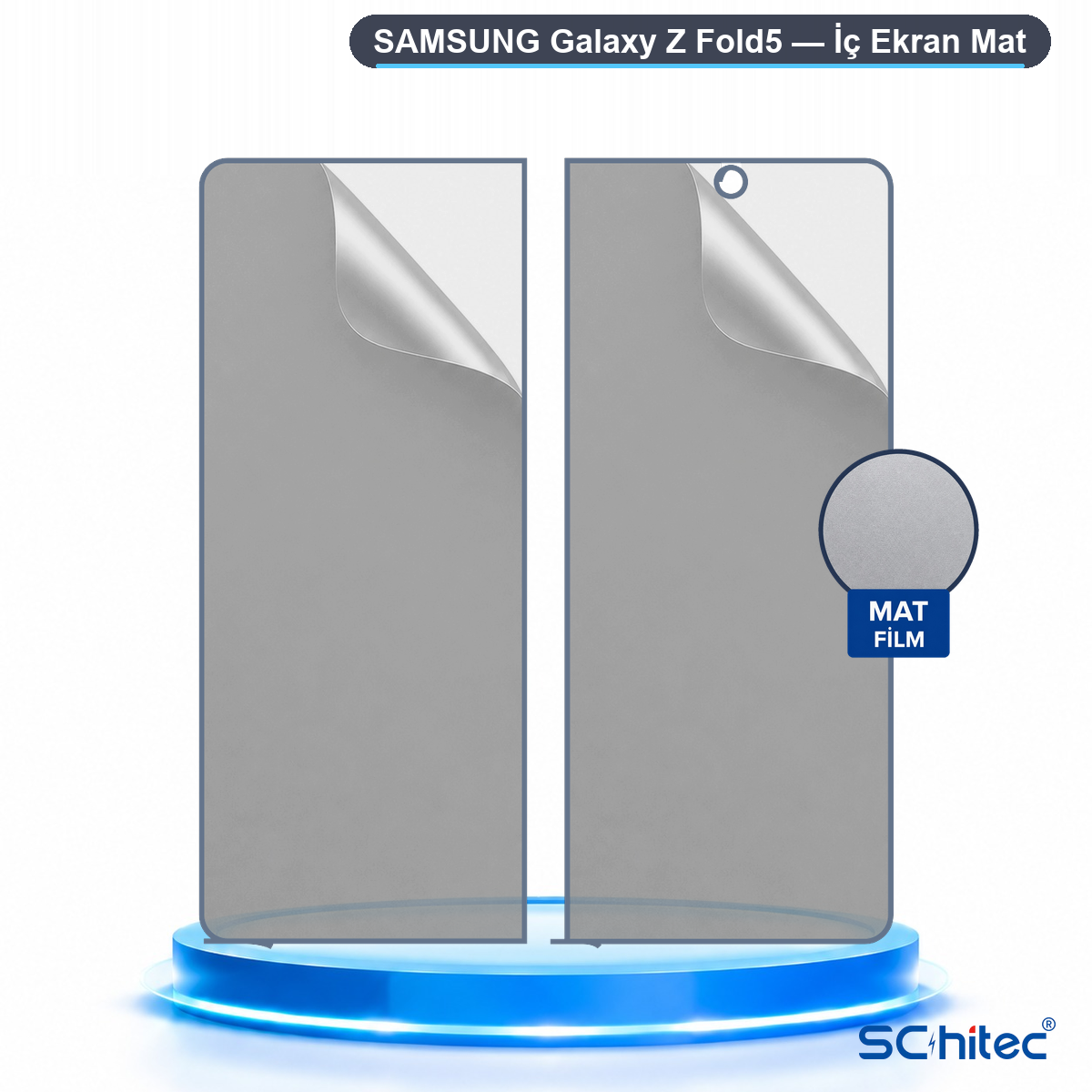 Samsung Galaxy Z Fold 5 için iki mat ekran koruyucu mavi stant üzerinde.