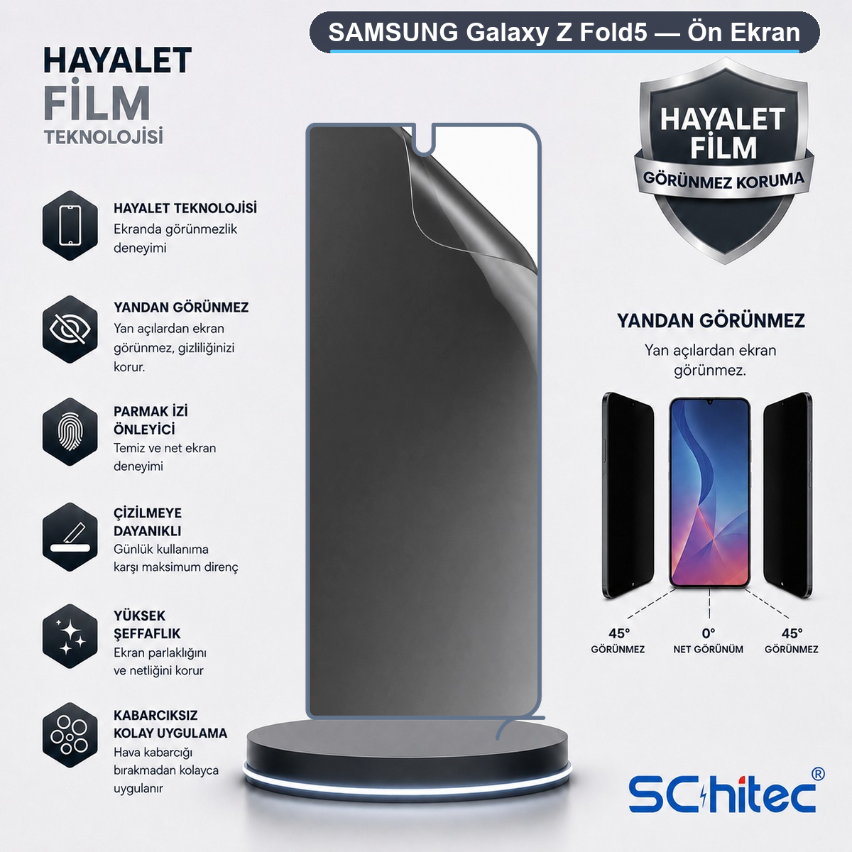 Samsung Z Fold5 ekran koruyucu: görünmezlik, gizlilik, parmak izi tutmaz.