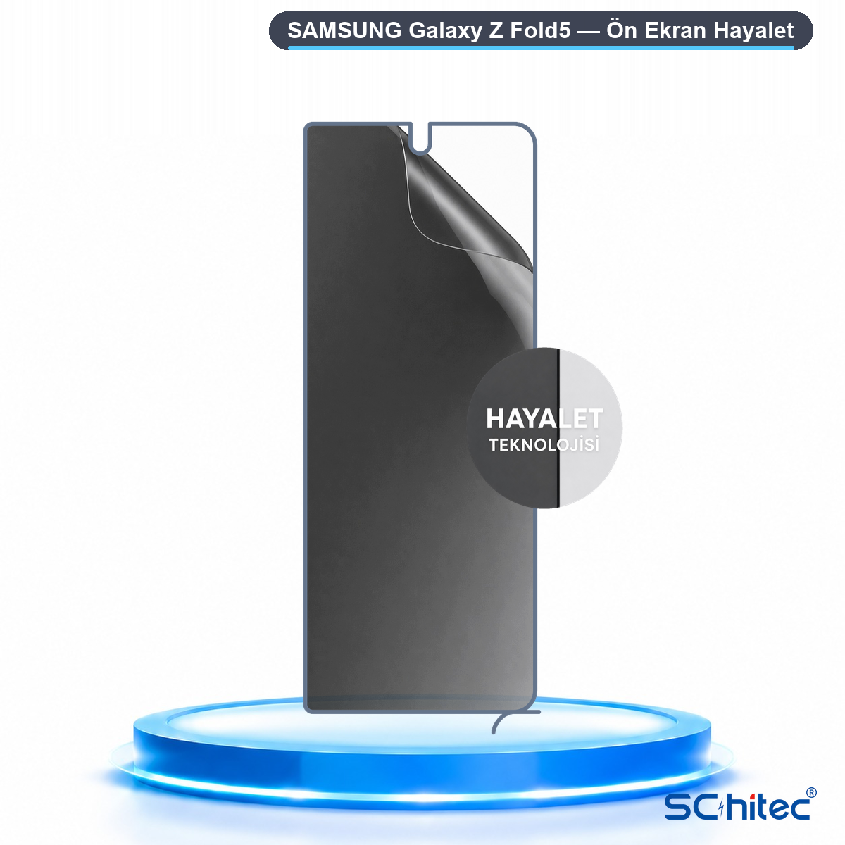Samsung Galaxy Z Fold5 için siyah ekran koruyucu mavi platformda.