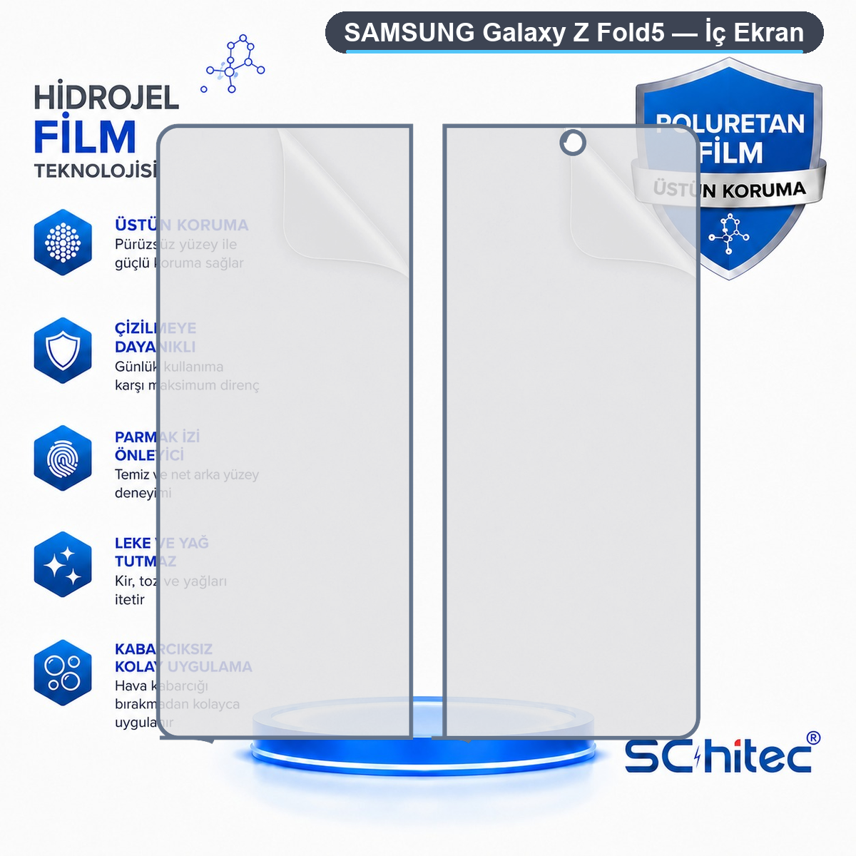 Samsung Galaxy Z Fold5 iç ekran için hidrojeller film, çizilmez, leke tutmaz.
