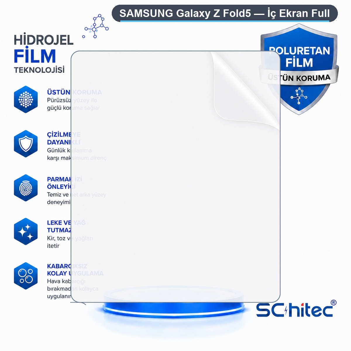 Samsung Galaxy Z Fold5 için ekran koruyucu, özelliklerini anlatan metin ve ikonlar.