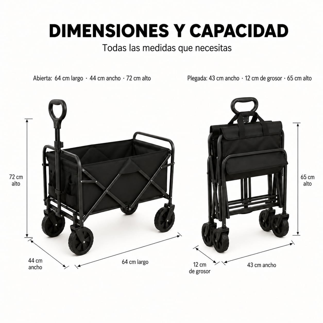 Un carro negro abierto y plegado con sus dimensiones.