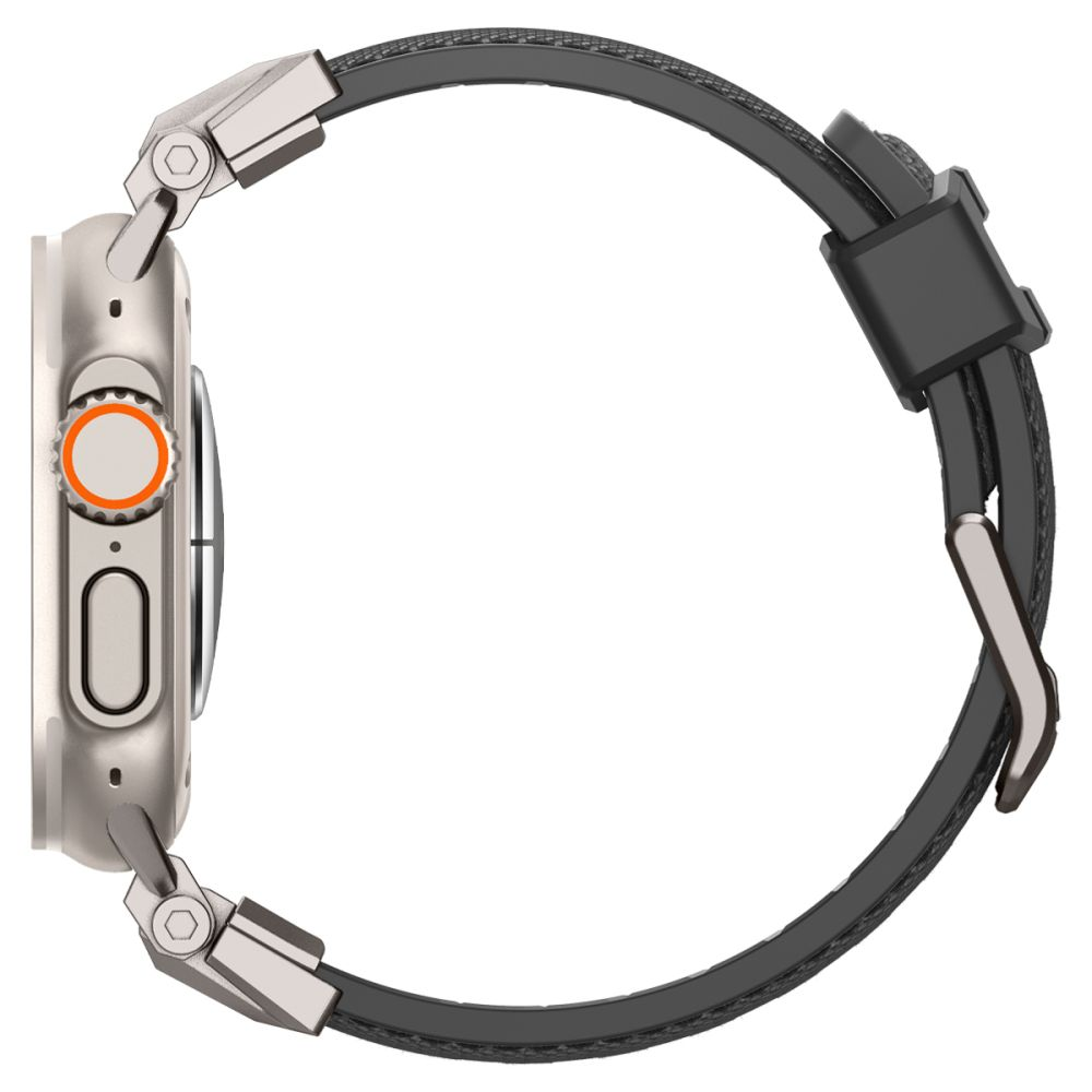 Szary smartwatch z czarną bransoletą i srebrnymi złączami.