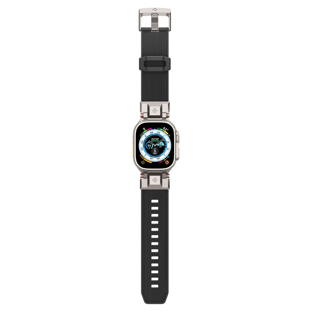 Srebrny smartwatch z czarną opaską, wyświetla interfejs kompasu.