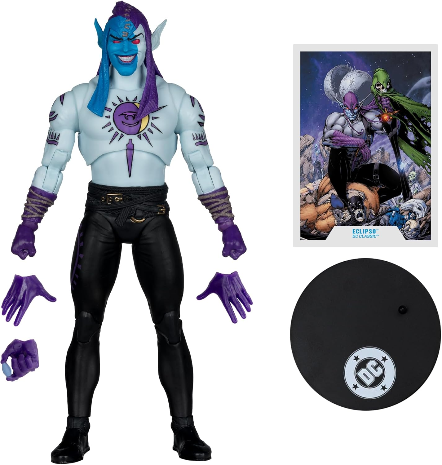 Eine Actionfigur mit blauer und violetter Bemalung, schwarzen Hosen und einem Comic-Bild.