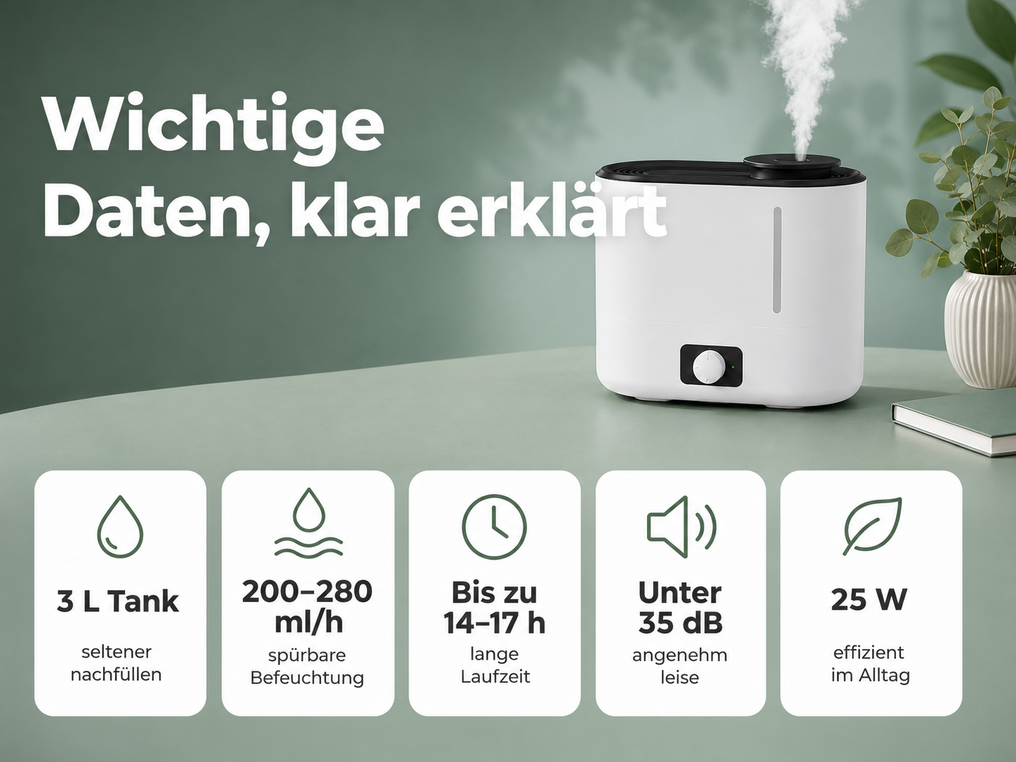 Weißer Luftbefeuchter mit 3L Tank, 200-280ml/h, 14-17h Laufzeit, unter 35dB, 25W.