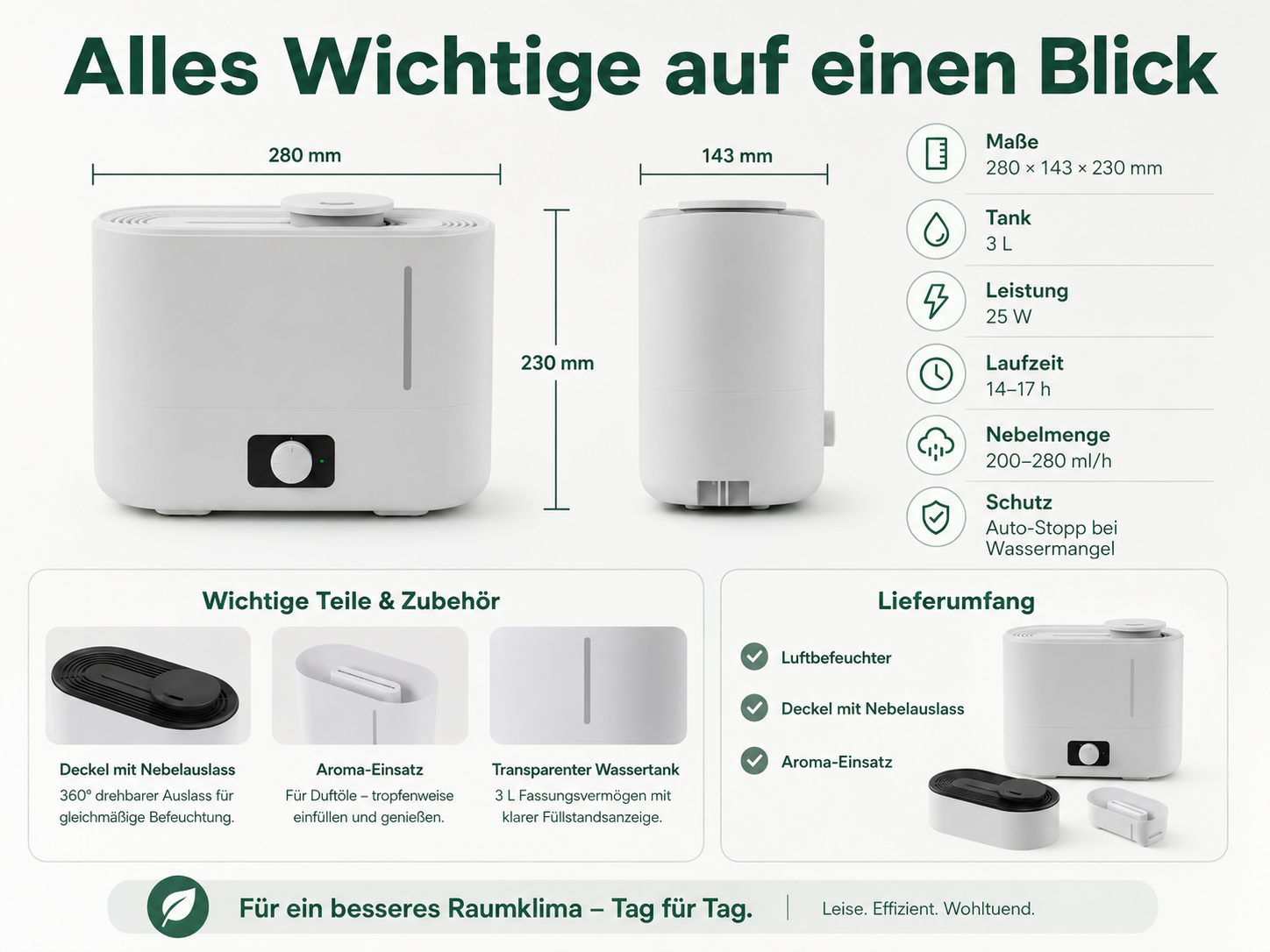 Luftbefeuchter mit Abmessungen, Tankinhalt, Leistung und Zubehör.
