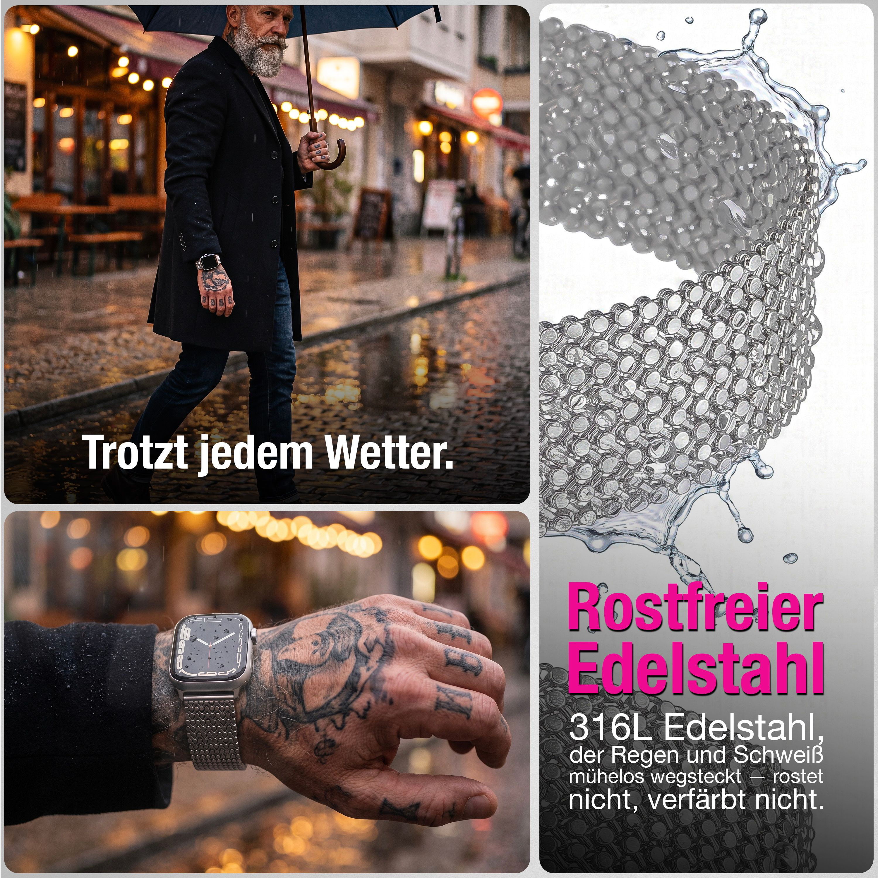 Mann mit Bart geht im Regen. Nahaufnahme einer Uhr an einem Arm.