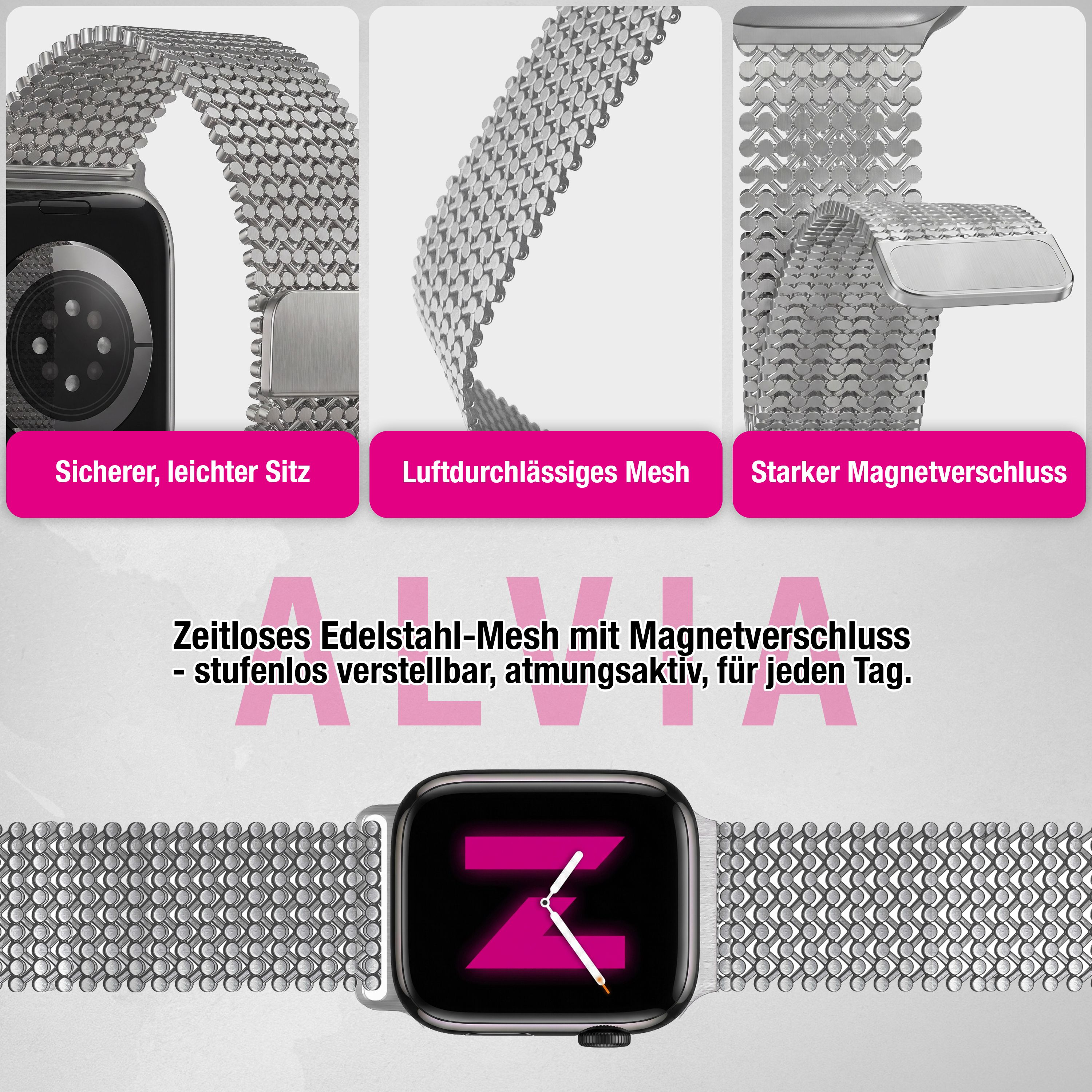 Edelstahl-Mesh-Armband für Smartwatch mit Magnetverschluss, stufenlos verstellbar.