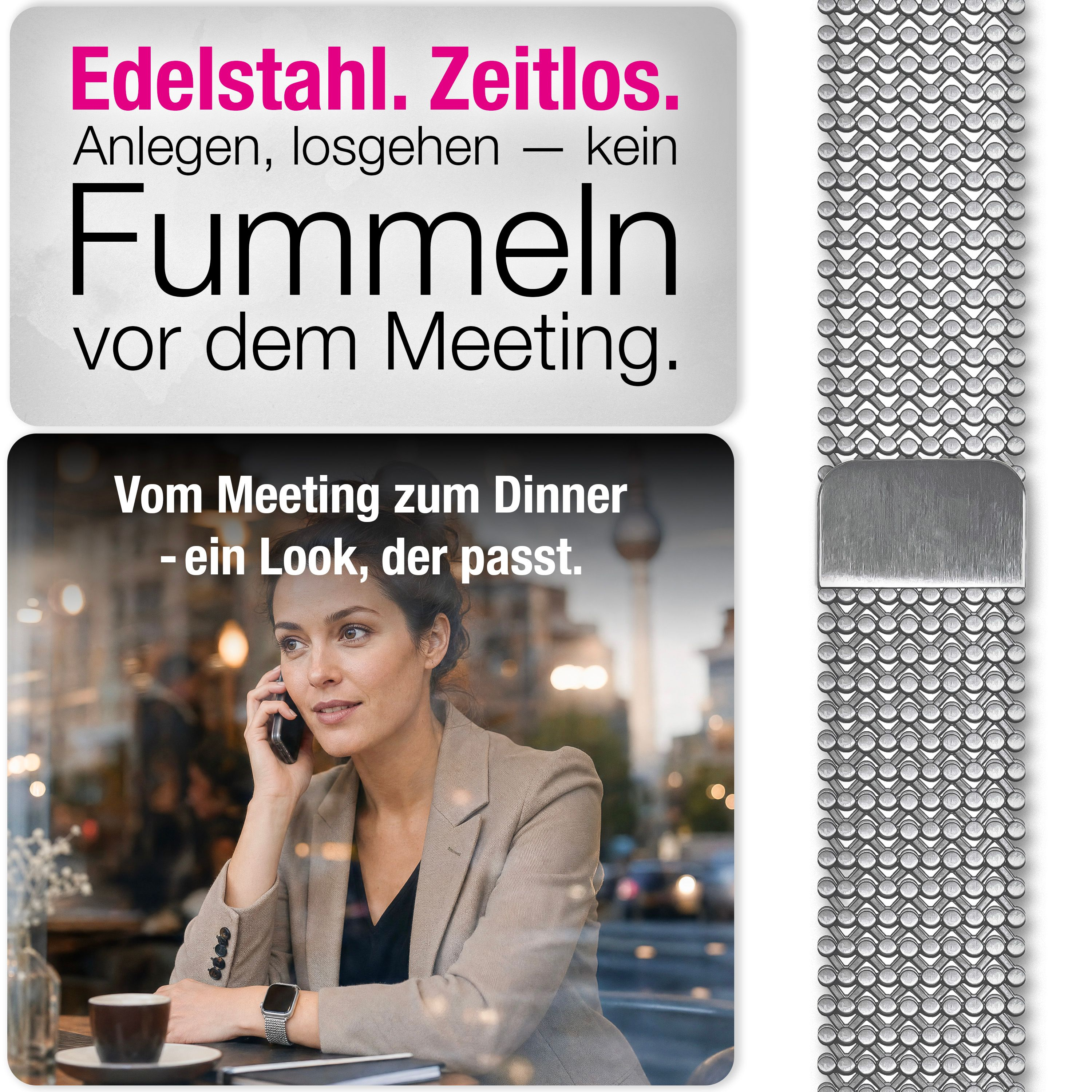 Edelstahlband mit Muster, Frau telefoniert im Café, Blick auf Stadt.