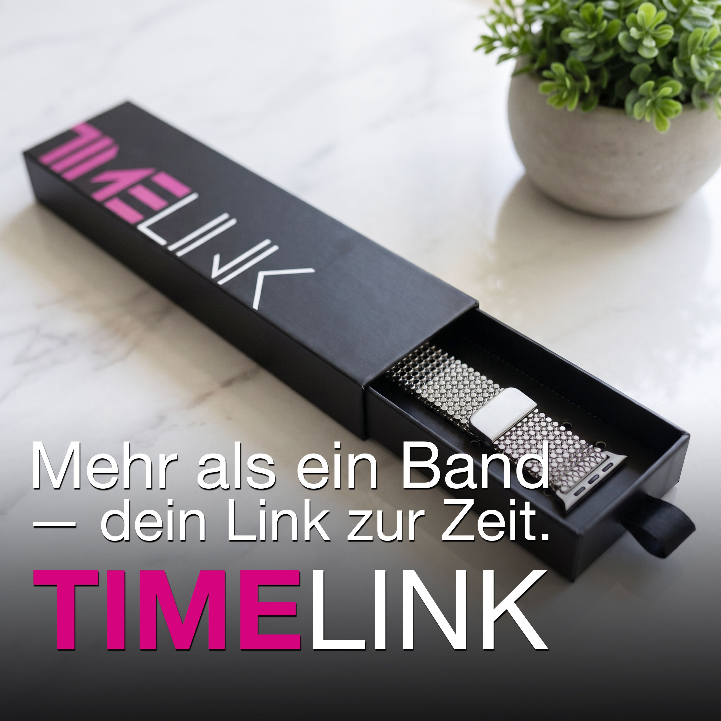 Ein silbernes Uhrenarmband in einer schwarzen Schachtel mit dem Logo "TIMELINK".