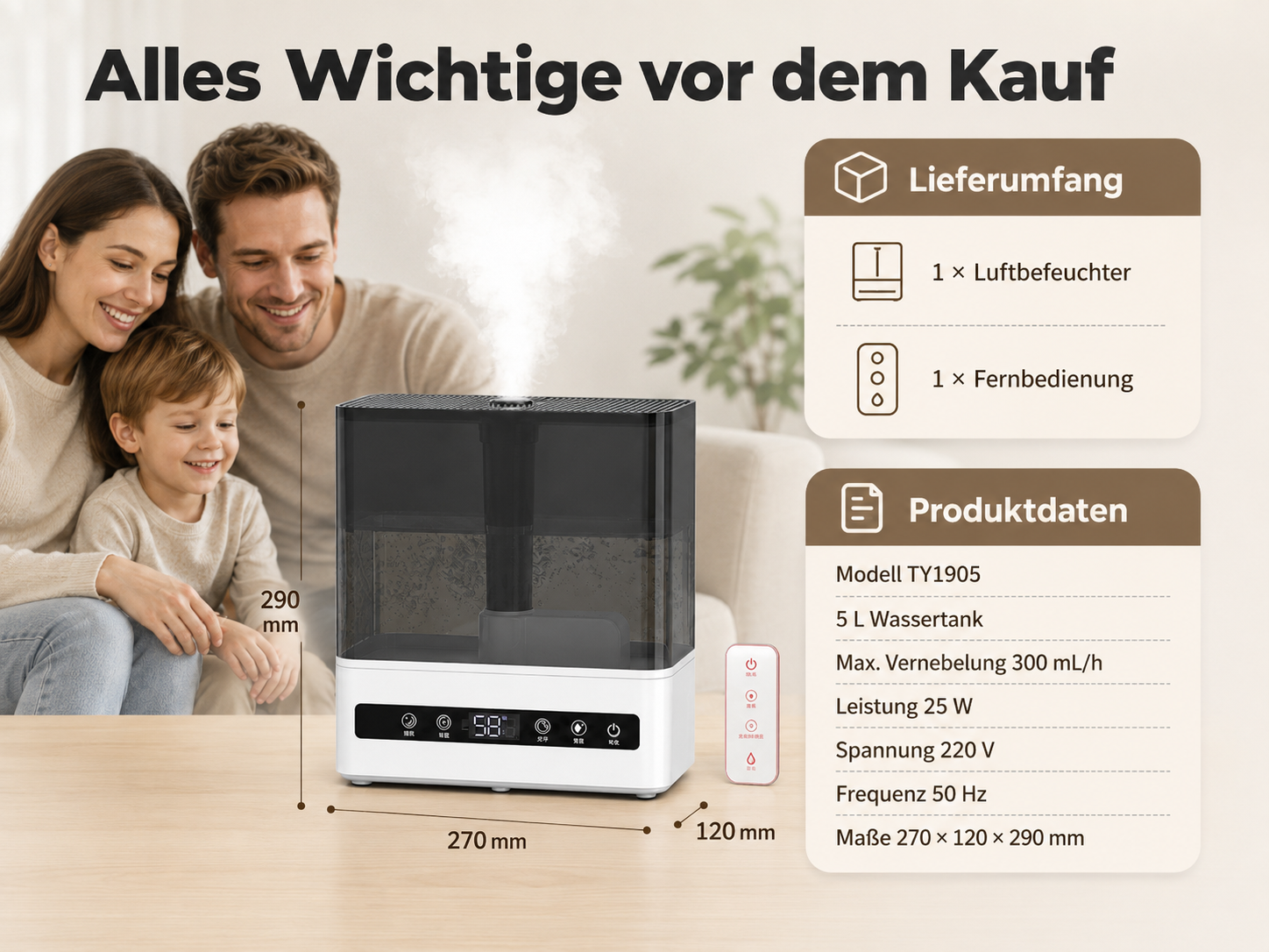 Familie vor einem Luftbefeuchter mit Produktdaten und Lieferumfang.