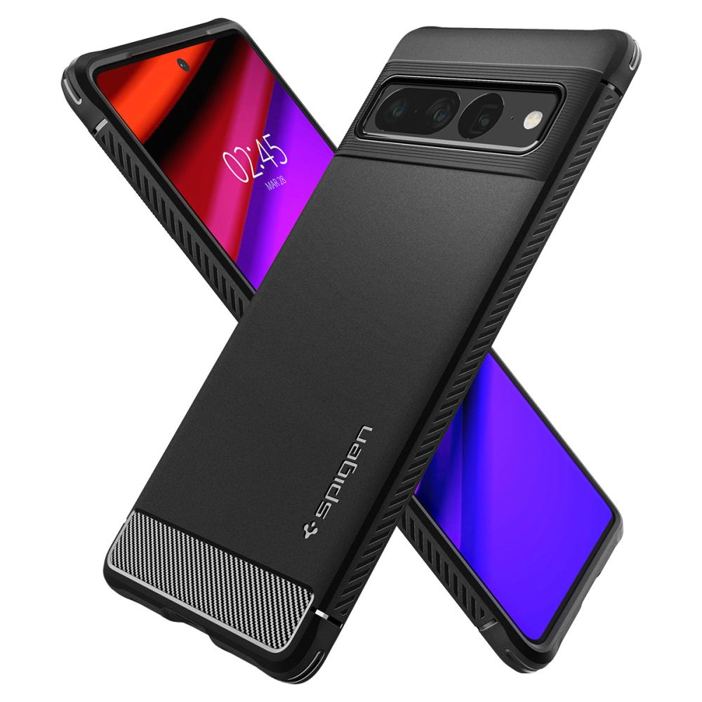 Telefono nero con custodia Spigen e schermo colorato.