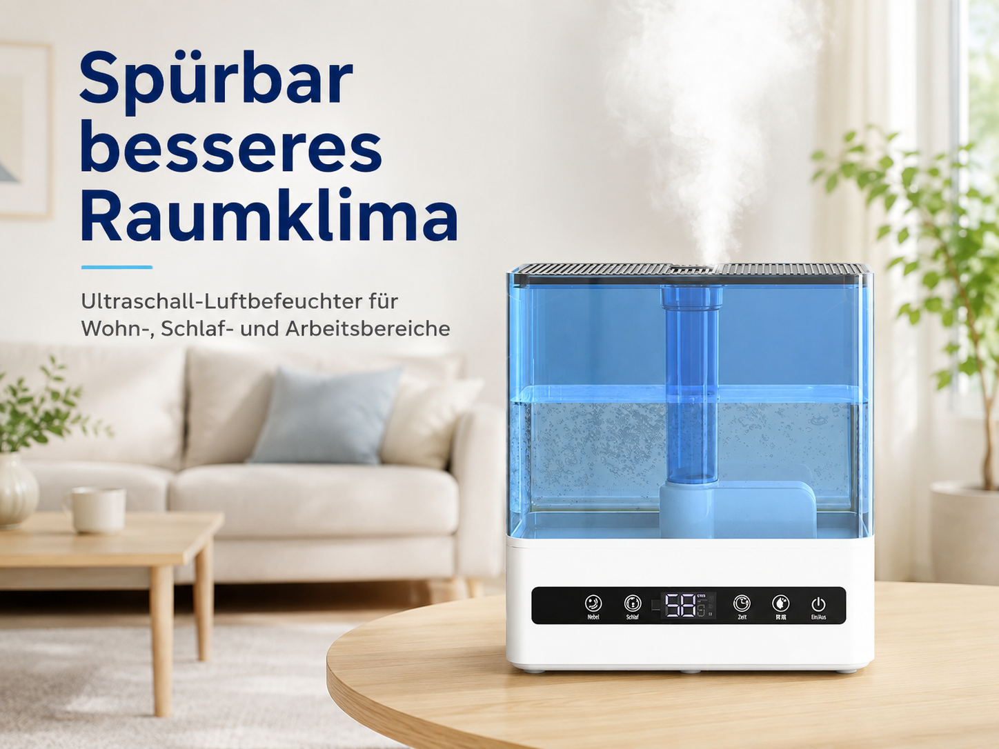 Ein weißer Ultraschall-Luftbefeuchter mit blauem Wassertank gibt Dampf ab.