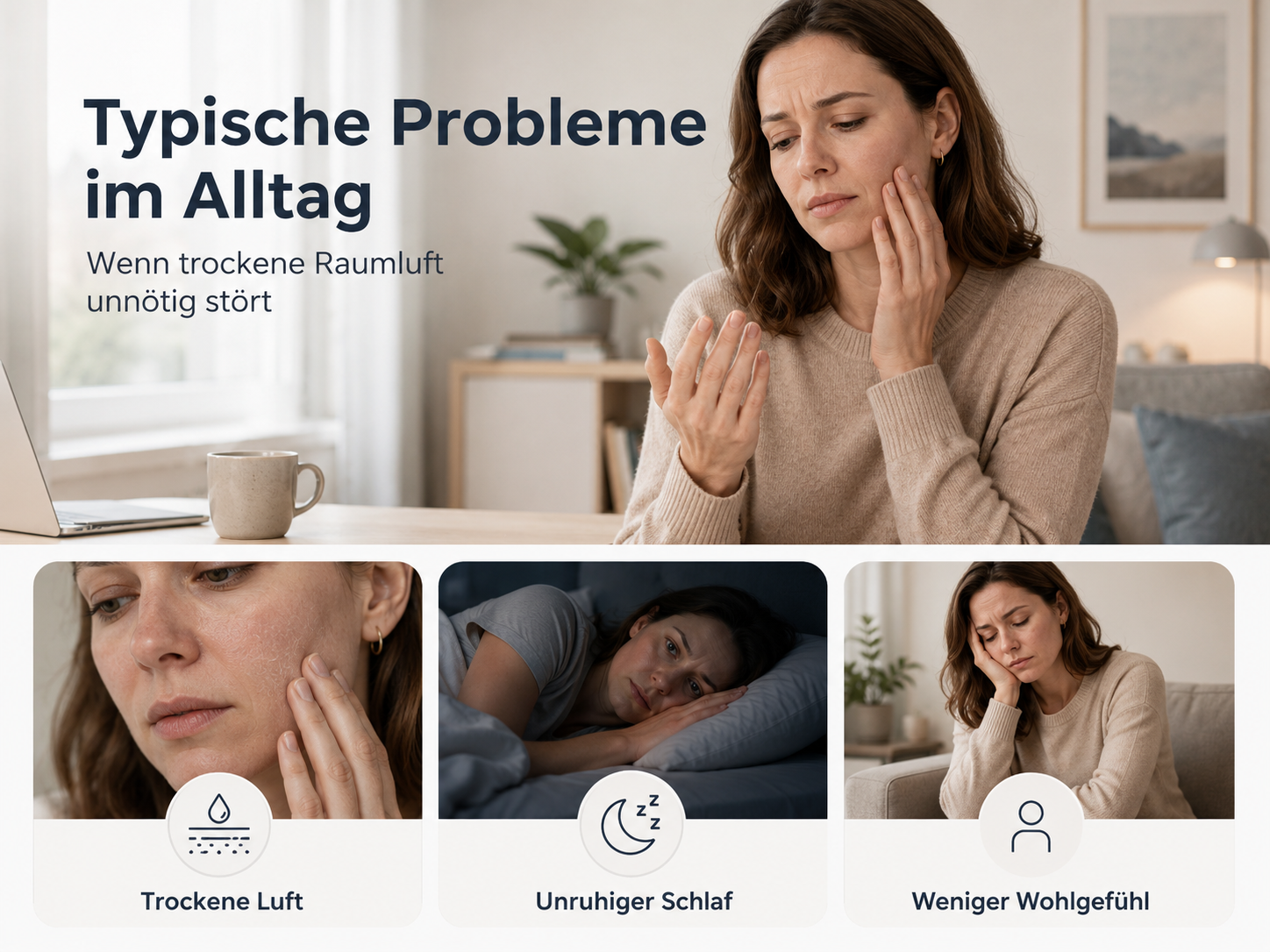Frau mit trockener Haut, unruhigem Schlaf und geringem Wohlbefinden wegen trockener Luft.