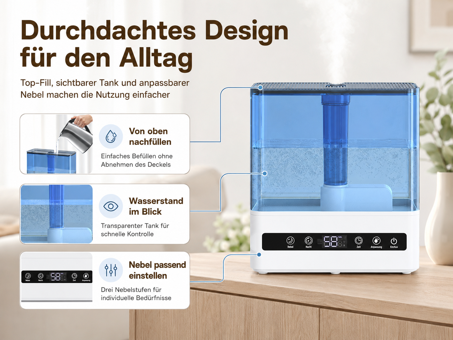 Ein weißer Luftbefeuchter mit blauem Tank, der von oben befüllt wird. Mit Bedienelementen.