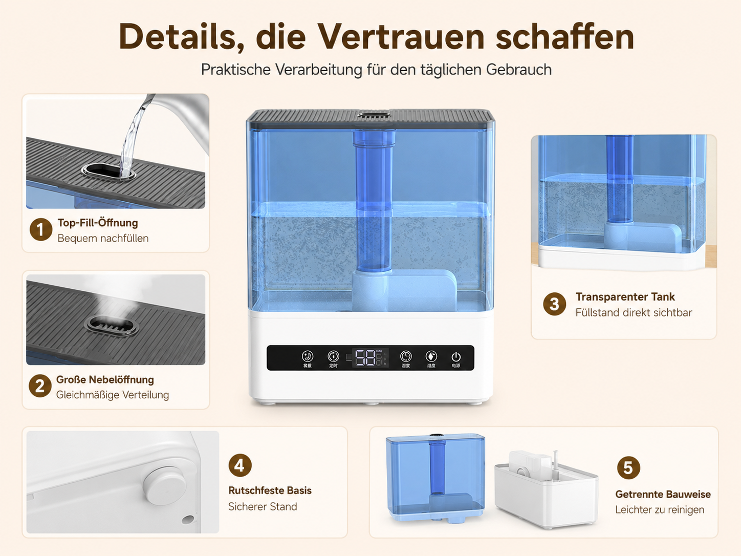 Luftbefeuchter mit verschiedenen Funktionen: Einfaches Nachfüllen, Nebelauslass, transparenter Tank, rutschfeste Basis und zerlegbare Bauweise.