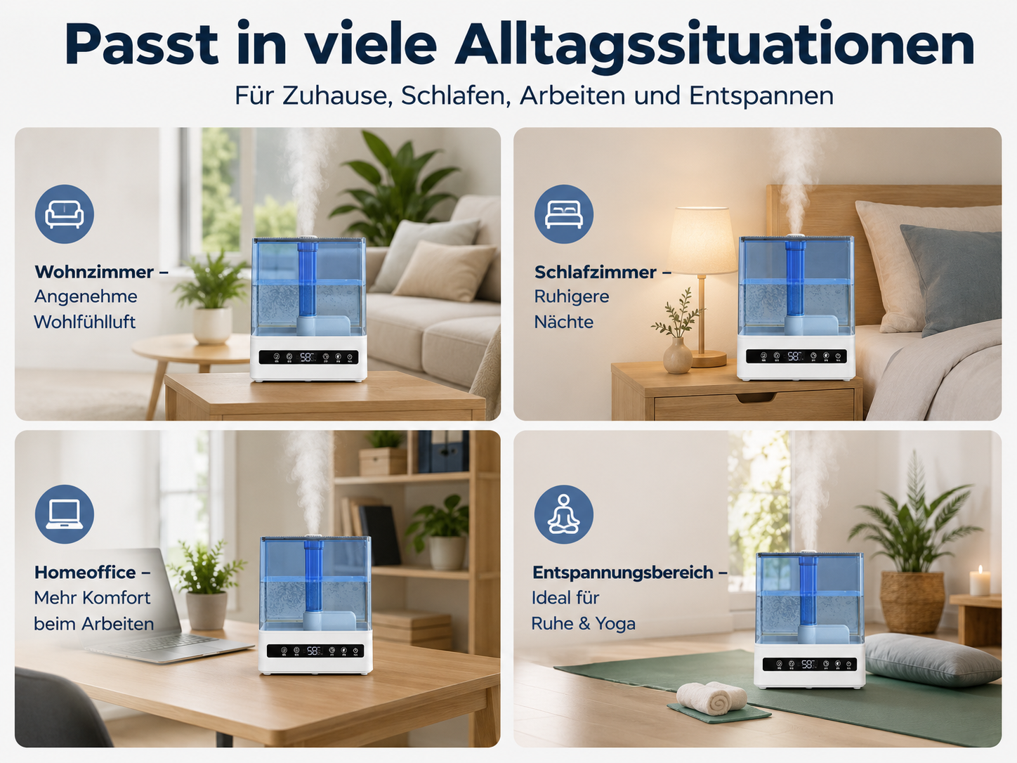 Luftbefeuchter in Wohnzimmer, Schlafzimmer, Homeoffice und Entspannungsbereich.