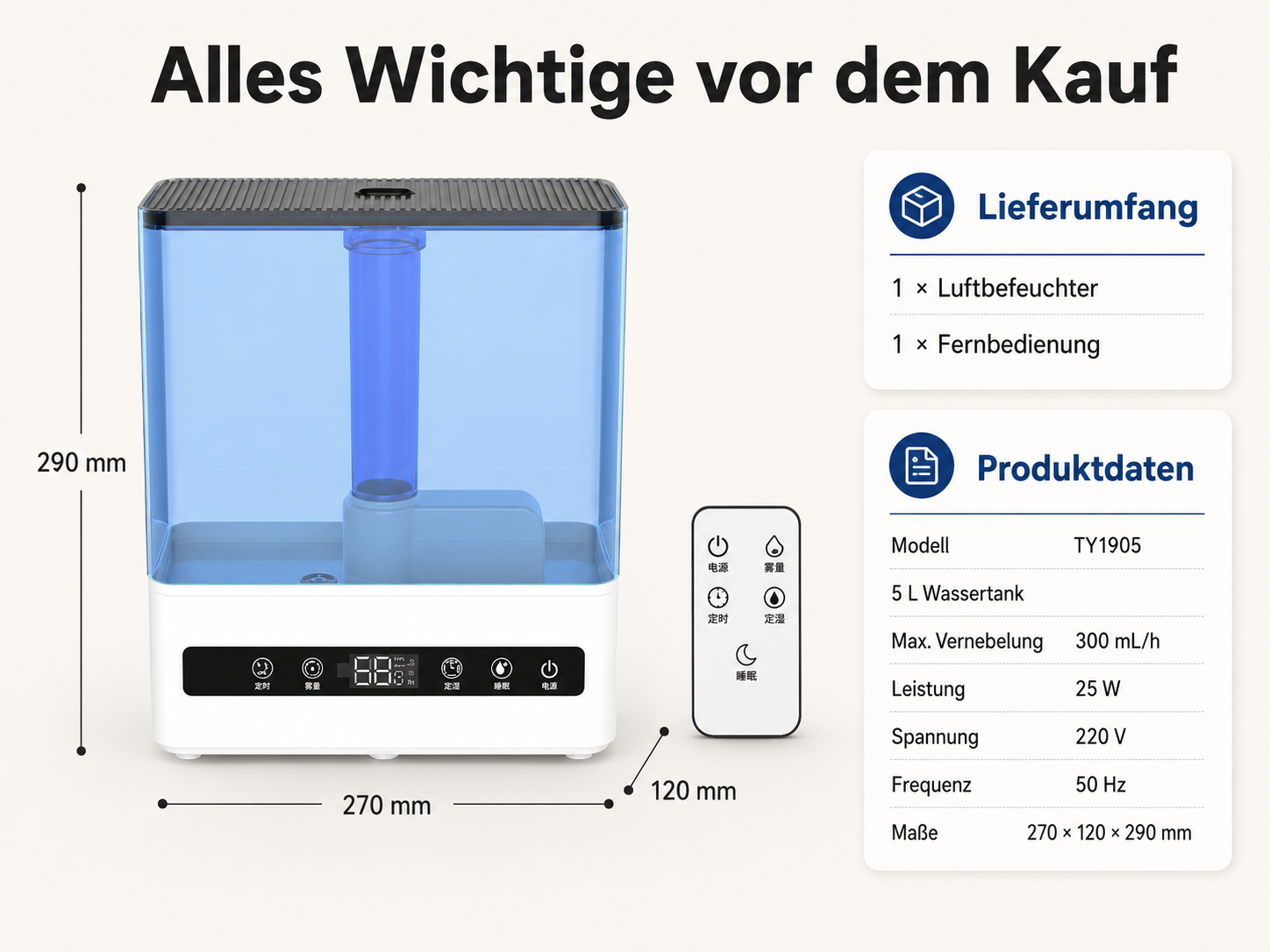 Ein weißer Luftbefeuchter mit blauem Tank, Fernbedienung und Produktdaten.