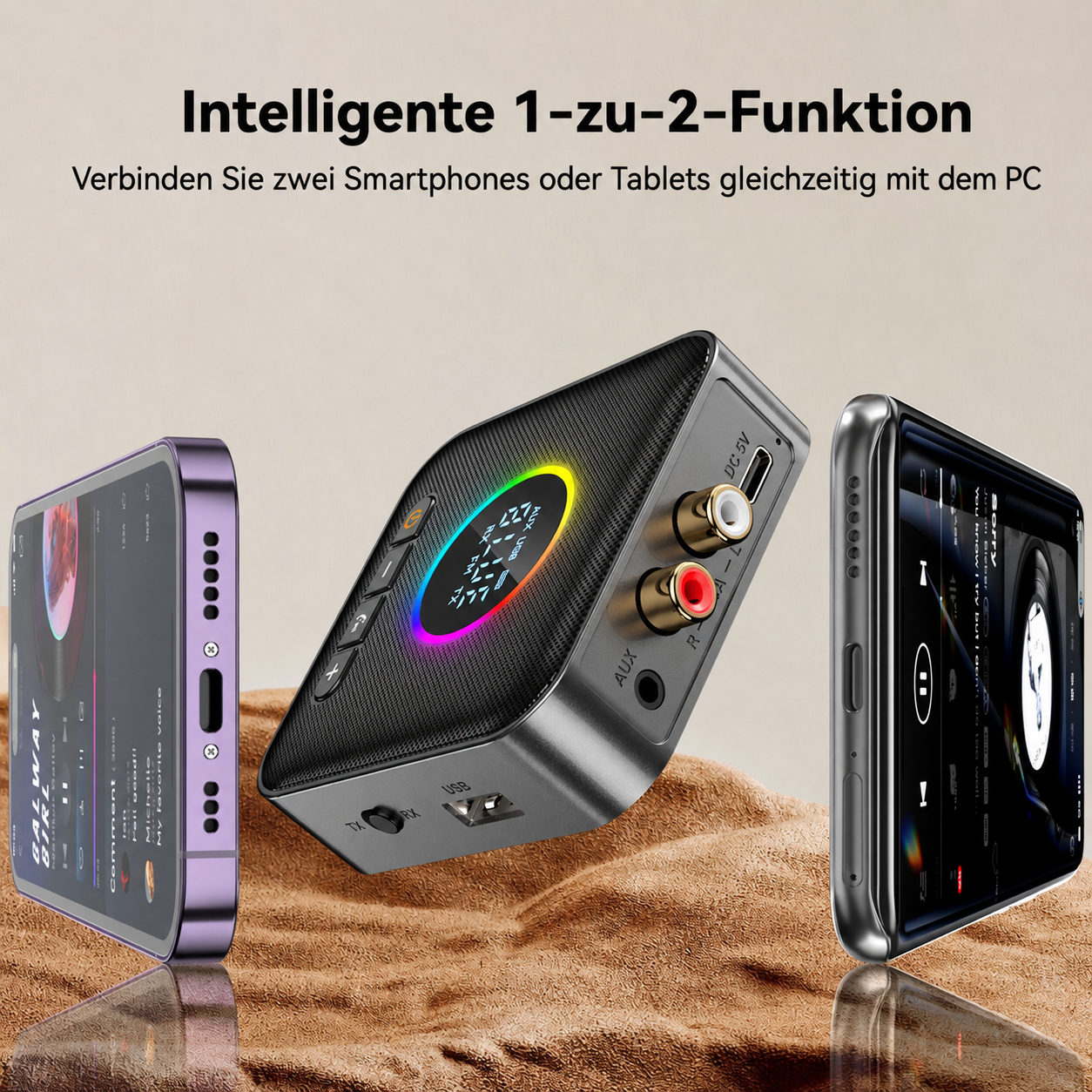Ein schwarzer Bluetooth-Empfänger mit bunten Lichtern, flankiert von zwei Smartphones.
