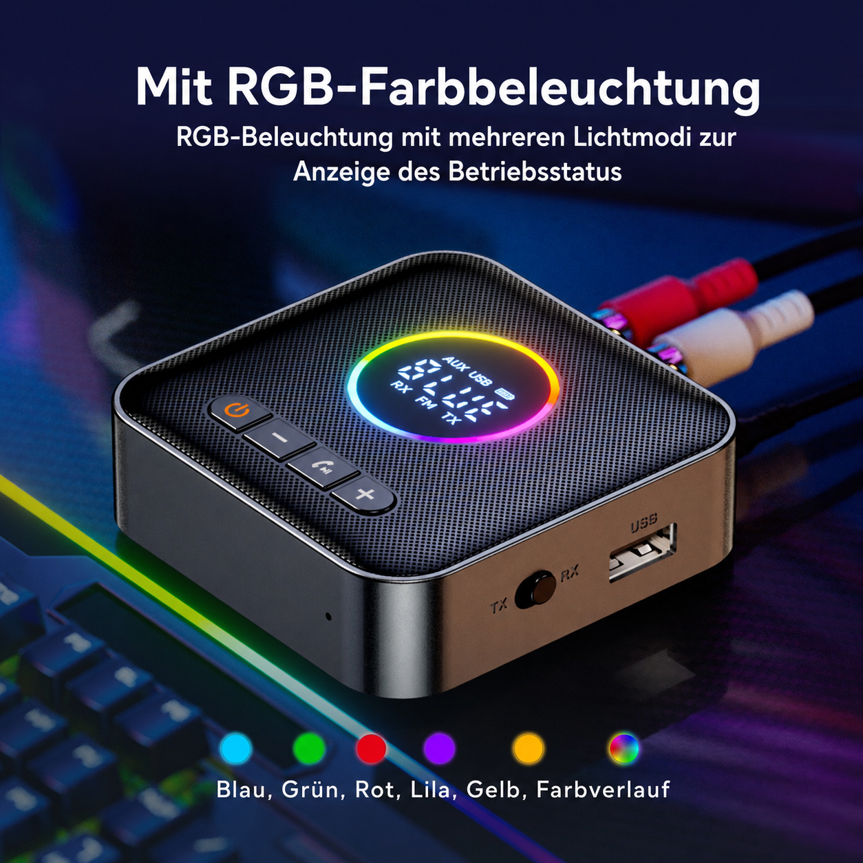 Ein schwarzer Bluetooth-Empfänger mit RGB-Beleuchtung und LCD-Anzeige.