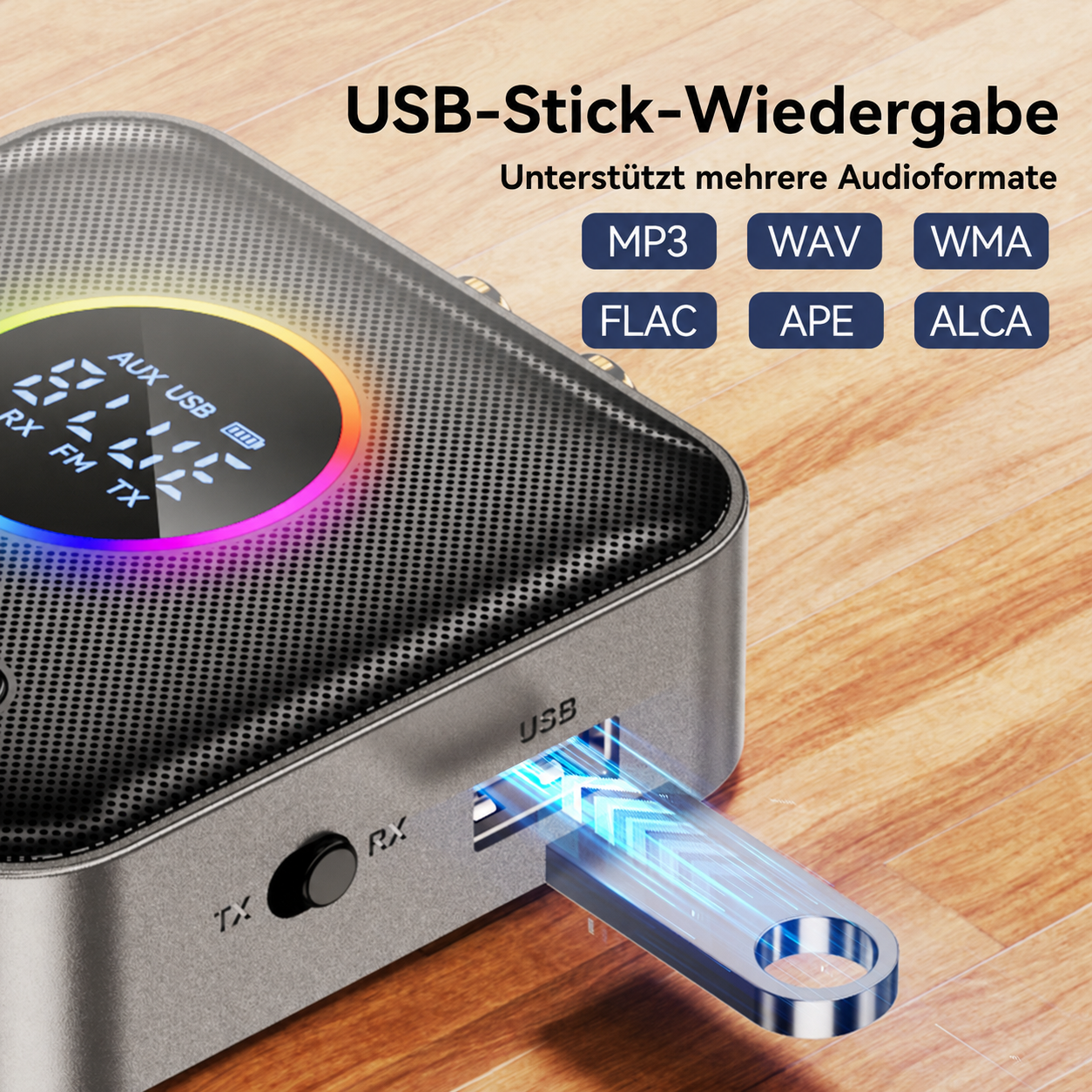 Grauer USB-Musikplayer mit digitalem Display und USB-Stick-Eingang.
