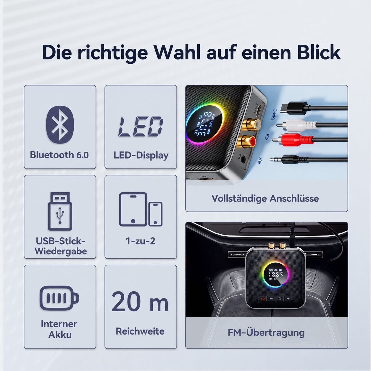 Produktübersicht mit Bluetooth 6.0, LED-Display, USB, 1-zu-2, Akku, 20m Reichweite, Anschlüssen & FM-Übertragung.