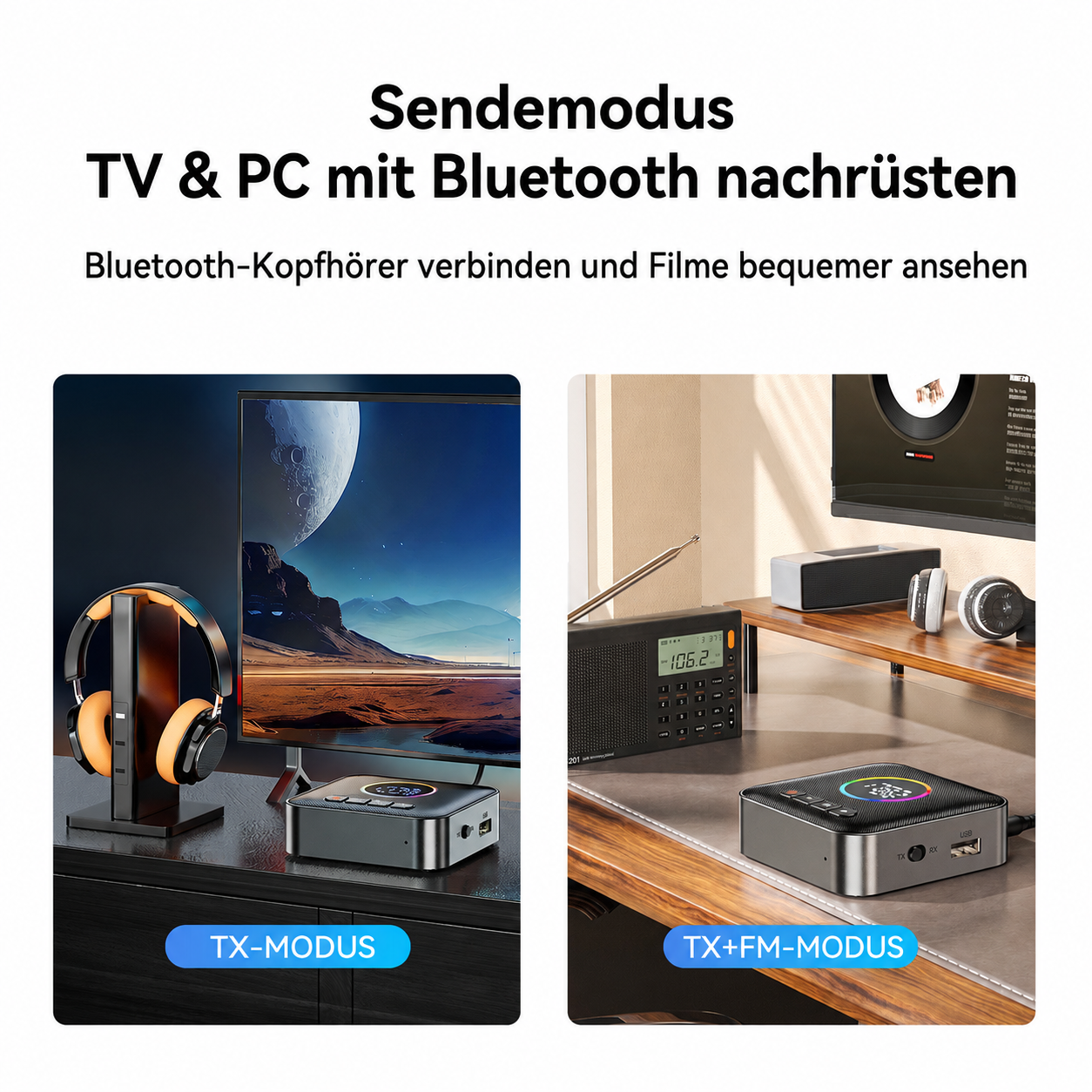 Zwei Szenen zeigen Bluetooth-Adapter: links mit Kopfhörern und TV, rechts mit Radio und PC.
