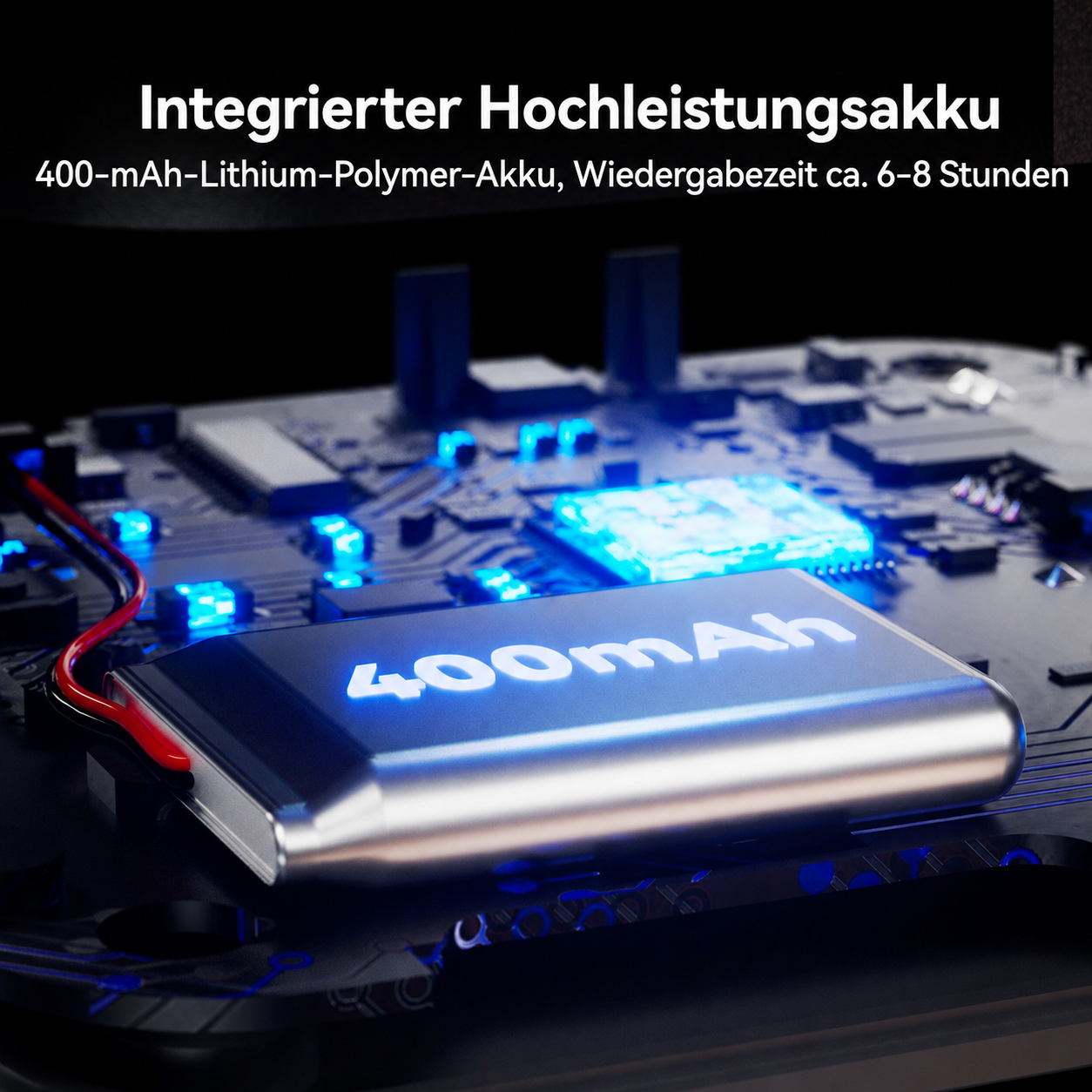 Ein 400-mAh-Lithium-Polymer-Akku mit blauer LED-Beleuchtung auf einer Leiterplatte.