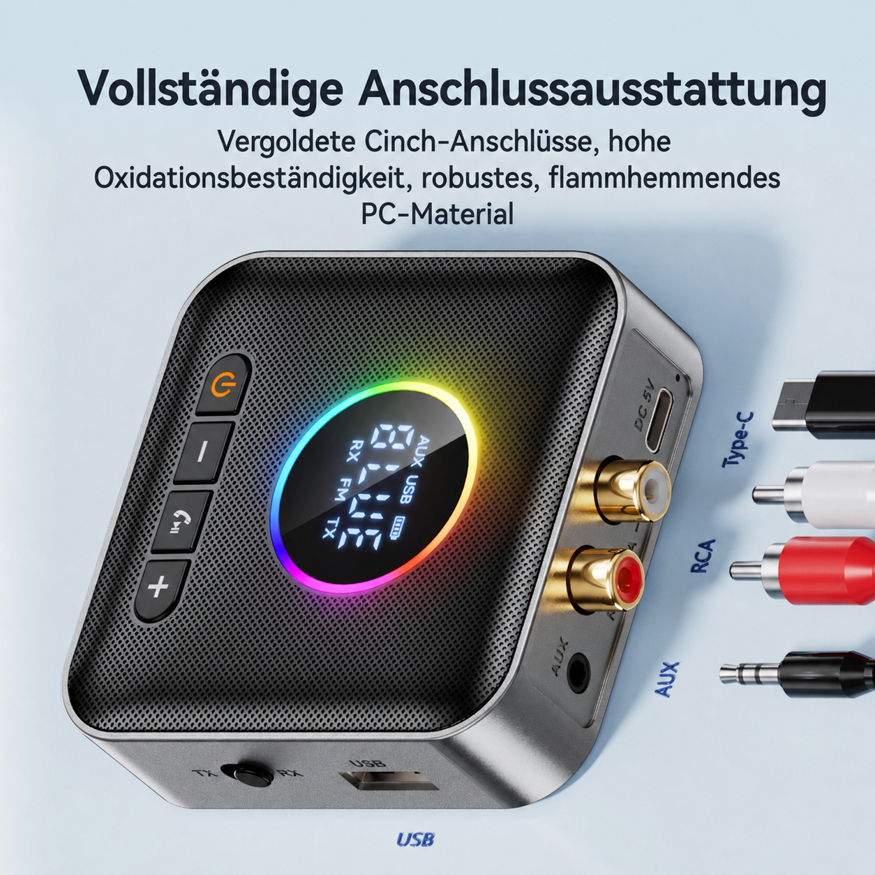 Schwarzer Audioempfänger mit Anschlüssen und Kabeln: USB-C, RCA, AUX.