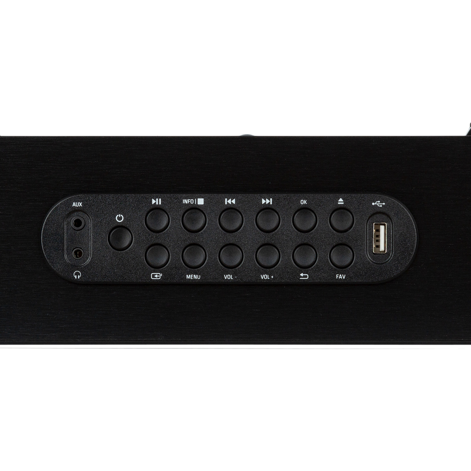 Primo piano di un pannello di controllo audio nero con pulsanti e porta USB.