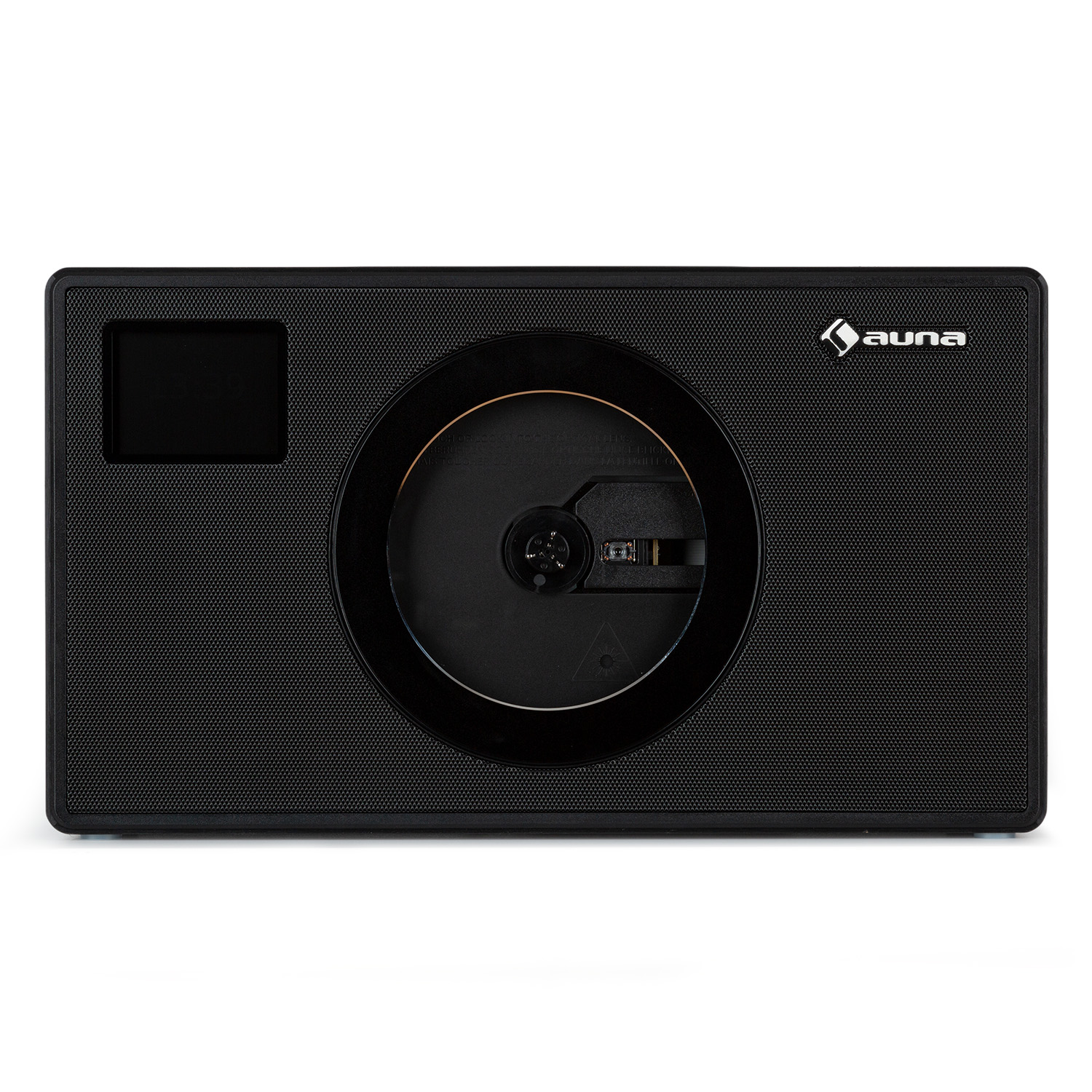 Lettore CD nero con vassoio CD visibile e piccolo display.
