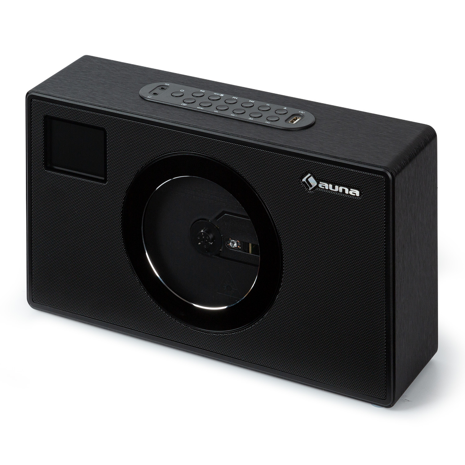 Altoparlante nero con slot CD e pannello di controllo su sfondo bianco.