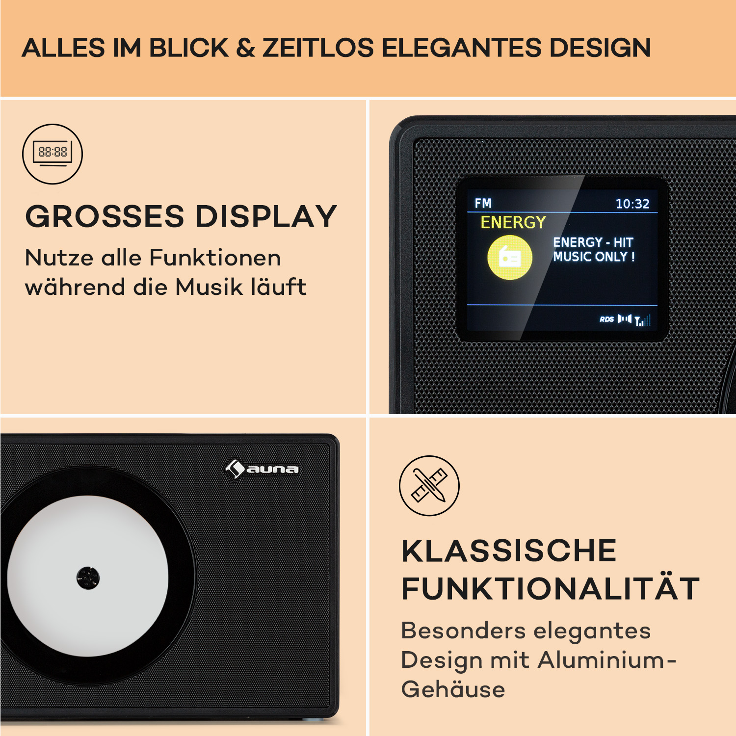 Immagine prodotto con testi su ampio display, funzionalità classica e design.