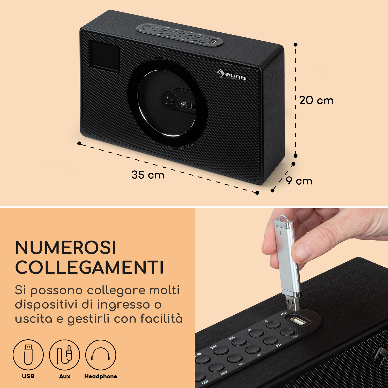 Altoparlante nero con lettore CD, USB, Aux, jack cuffie e dimensioni.