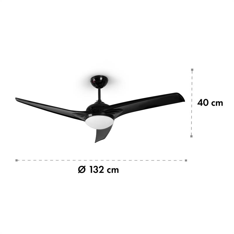 Ventilatore da soffitto nero a tre pale con luce integrata, diametro 132 cm.