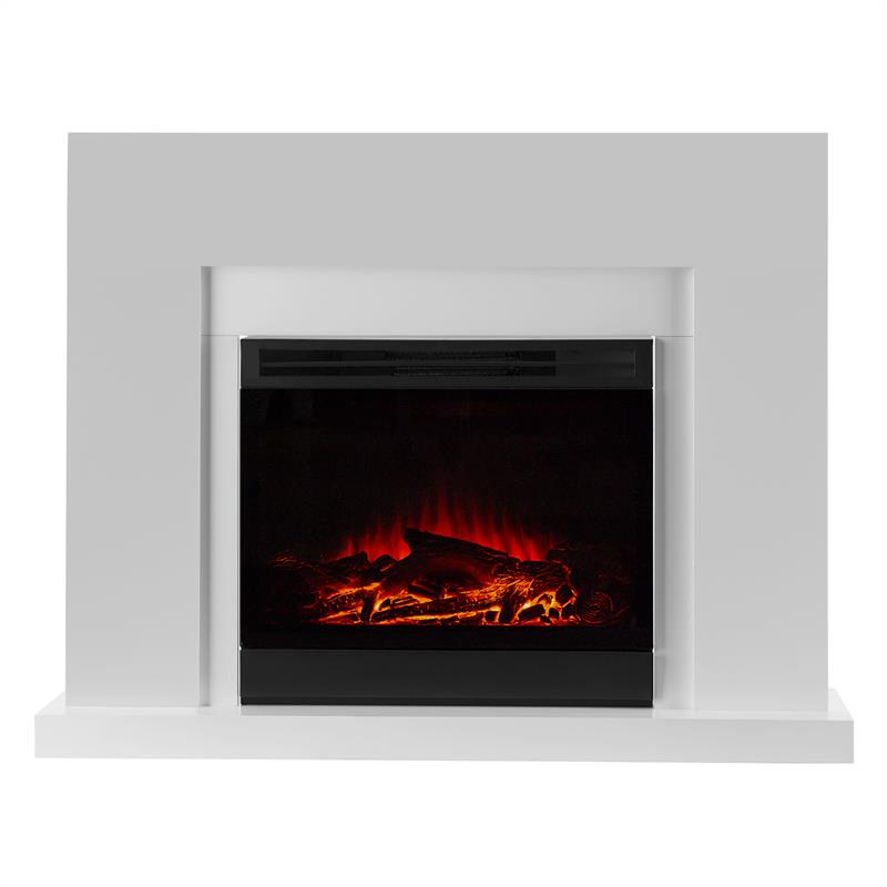 Weißer Kamin mit realistischer Flammenwirkung und glühenden Scheiten.