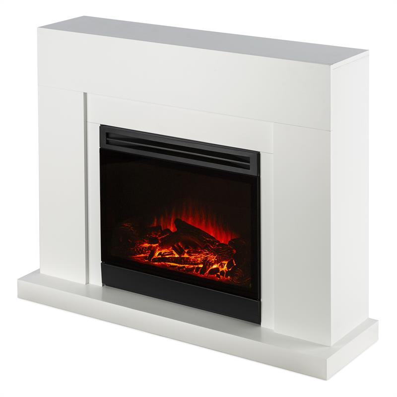Ein weißer Elektrokamin mit realistischer Flammenwirkung und Holzscheiten.