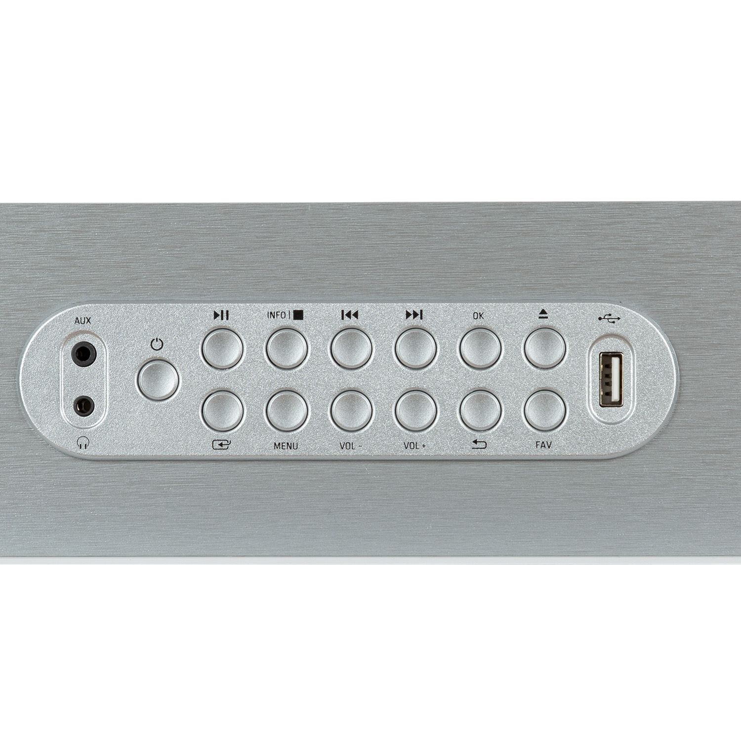 Pannello di controllo argentato con pulsanti rotondi per volume, menu, USB e altro.