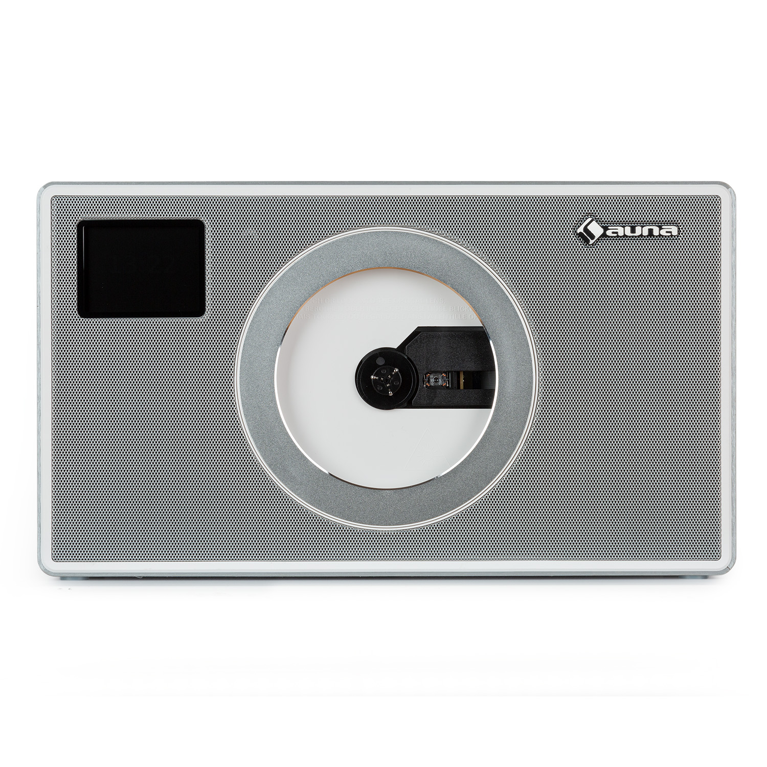 Radio CD argento con display nero e griglia altoparlante.