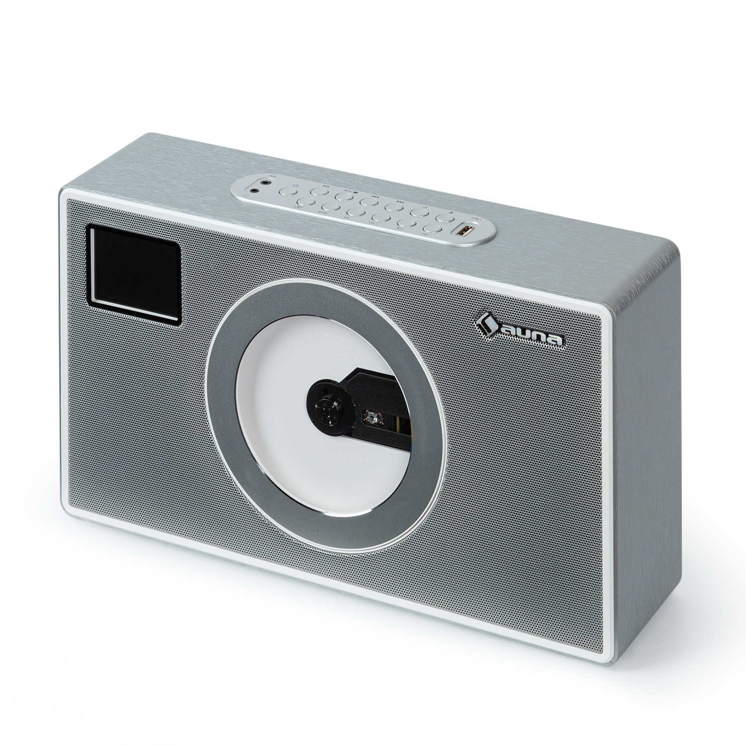 Radio argentata con slot CD, display e controlli su sfondo bianco.