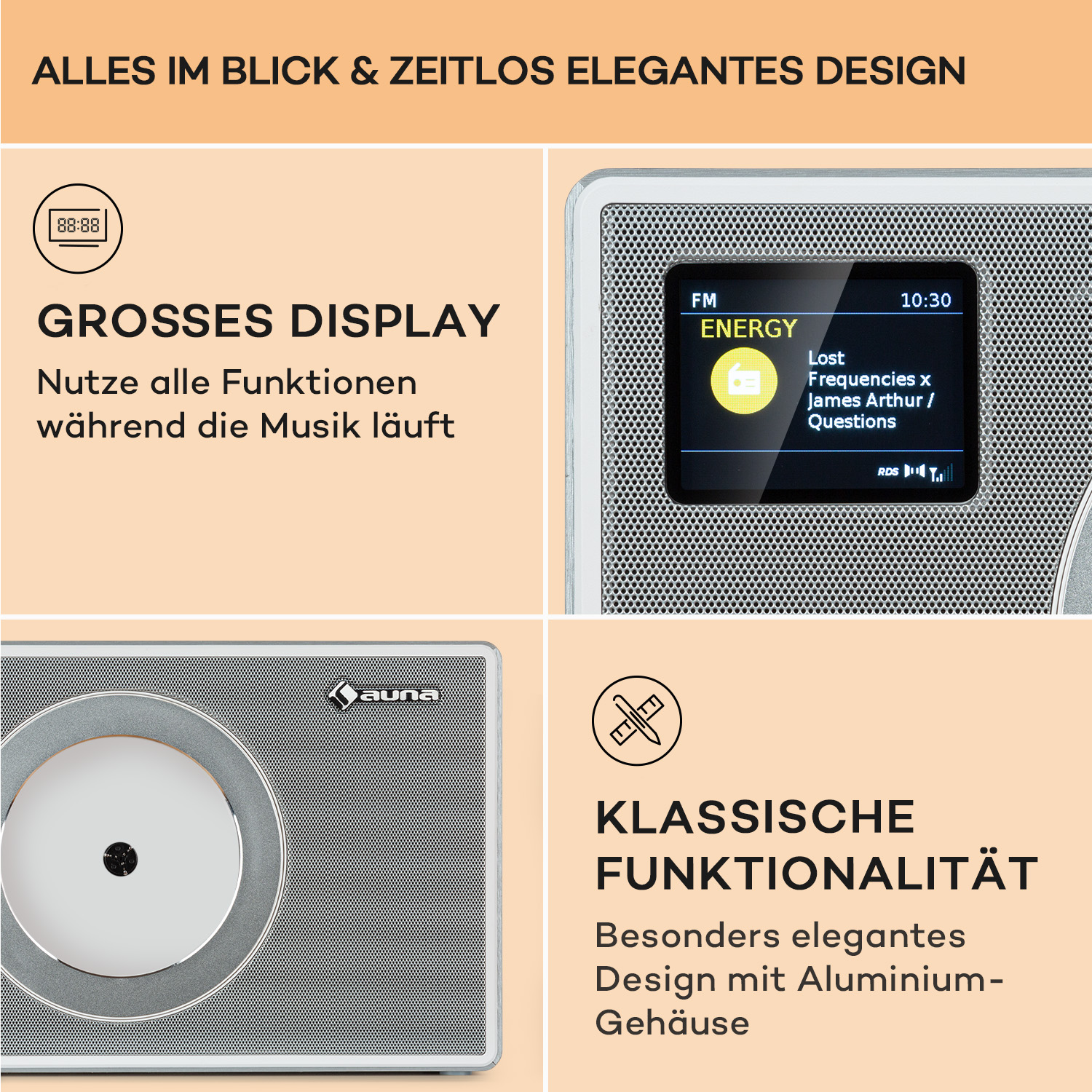 Una radio con ampio display e classico design in alluminio.
