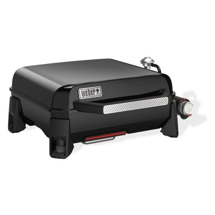 Zwarte Weber gasgrill met zilveren handvat en draaiknop.