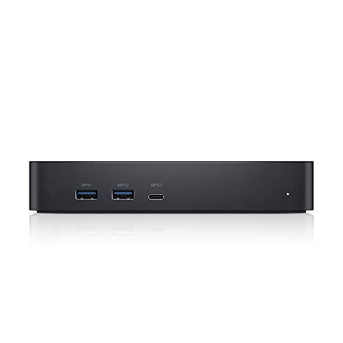 Czarna stacja dokująca Dell z dwoma portami USB-A i jednym USB-C.