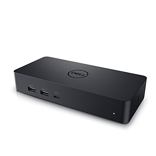 Czarna stacja dokująca Dell z wieloma portami USB i jednym portem USB-C.